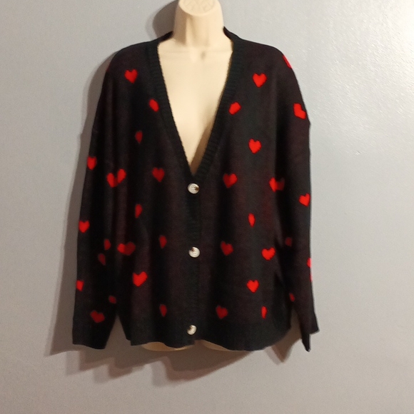 Shein Plus black with red ♥️ heart pattern drop shoulder duster cardigan 3xl - Picture 5 of 17